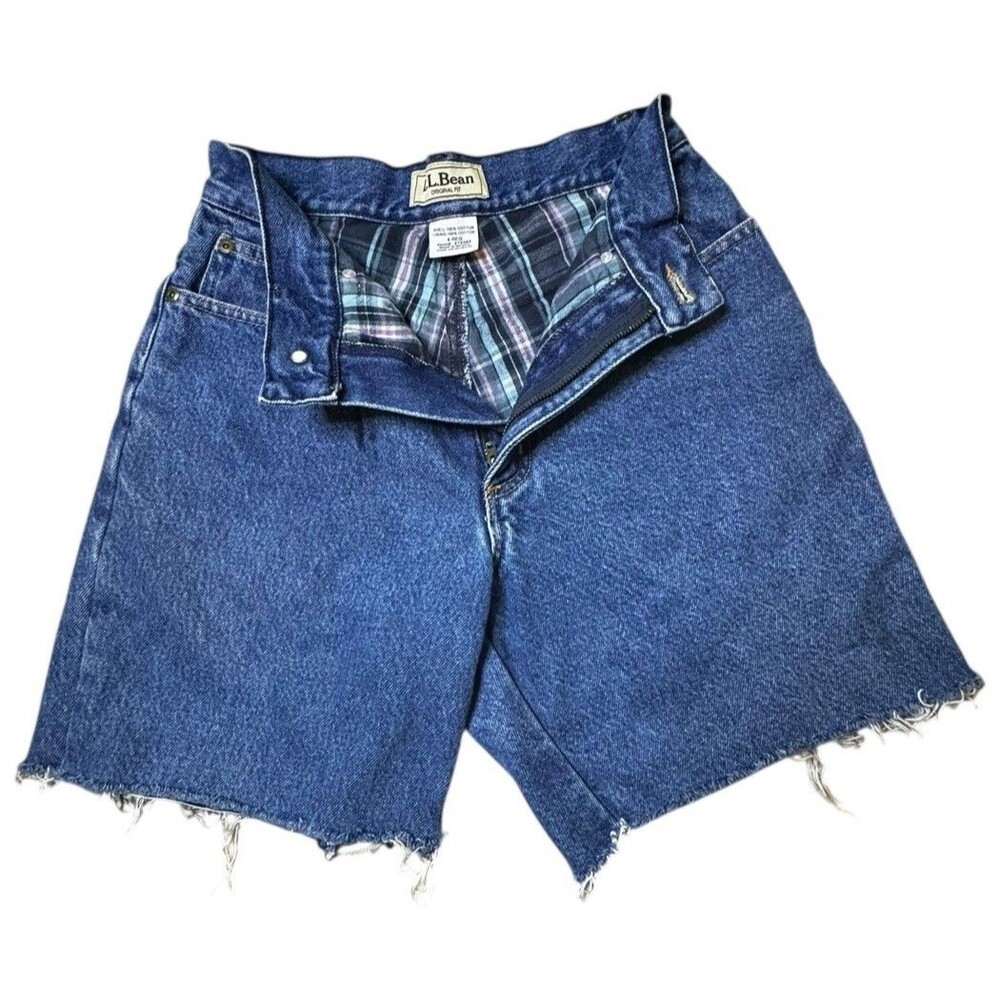 Vintage L.L. Bean Flannel Lined DIY High Waist Cutoff Shorts Med Wash Blue Sz 4